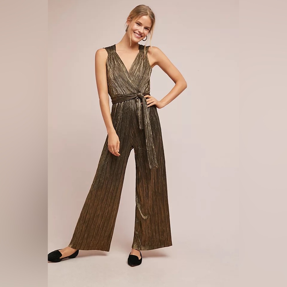 Vanessa Virginia by Anthropologie Metallic Bronze Pont Neuf Jumpsuit XS